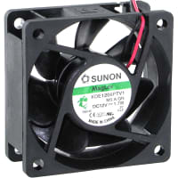 Sunon Fans DC Fan, 12V, 60x60x25mm, 23.5CFM, 1.7W, 33.5dBA, 4500RPM, Wire Leads