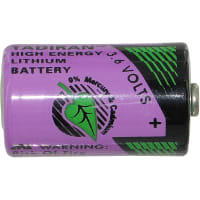 Tadiran Battery, Non-Rechargeable, 1/2 AA, Lithium, 3.6 VDC, 1Ah, Pressure Contact, TL Series