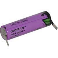 Tadiran Battery, Non-Rechargeable, AA, Lithium, 3.6 VDC, 2.1Ah, Solder Tab, TL Series