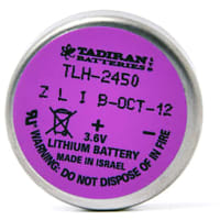 Tadiran Battery, Non-Rechargeable, Coin/Button, Lithium, 3.6 VDC, 0.55Ah, Pin, TLH Series