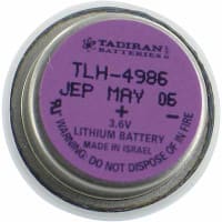 Tadiran Battery, Non-Rechargeable, Coin/Button, Lithium, 3.6VDC, Thru-Hole, TLH Series