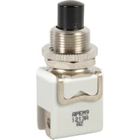 APEM Components Switch, P/B, SPST-NO, ON-(ON), Round Black Plunger, 8A, 125VAC, Silver, Solder/QC