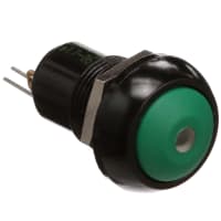 APEM Components Switch, P/B, Sealed, SPST, OFF-ON, Rnd, Curved Grn Actuator, Green LED, 2A, 125VAC, Solder