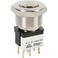 APEM Components Switch, P/B, Vandal Resistant, DPDT, ON-ON, Round, IP54, 6A, 125VAC, 22mm, Solder/QC