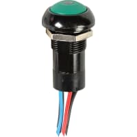 APEM Components Switch, P/B, Sealed, SPST, OFF-ON, Rnd, Curved Green Actuator, Green LED, 2A, 125VAC, Wire