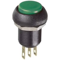 APEM Components Switch, P/B, SPDT, Round, Flat Green Actuator, Standard Black, Bezel, 3A 28VDC, 12mm, QC