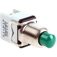 APEM Components Switch, P/B, SPST-NC, ON-(ON), Round Green Plunger, 8A, 125VAC, Copper/Silver, Solder/QC