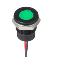 APEM Components Led Indicator, Sealed, Flush, Black Bezel, Fixed, Hyper Green, 12VDC, Wire