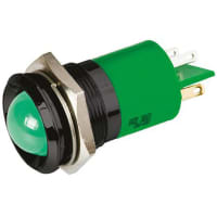 APEM Components Prominent Indicator Pmnt, 22mm Mount Size, Green LED, Tab Term, 16 mm Lamp Size