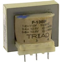 Triad Magnetics Transformer, Power, Bobbin, 1, Freq 50/60Hz, Pri 115VAC, Sec 12.6/25.2VAC, PCB