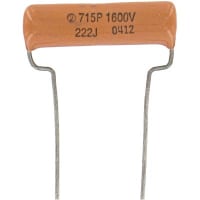 Vishay Specialty Capacitors Capacitor, 0.0022 uF, 1600 WVDC, +/- 5%, Hockey Crimped, 0.1, 400000 Megohms