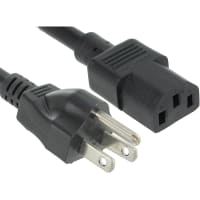 Volex Power Cords Power Cord, C13, 5-15P Plug, 3 Cond SJT Cbl, 9'10", 14 AWG, PVC Jkt, Plastic Ins