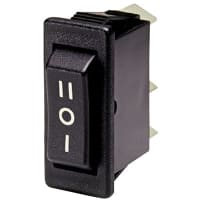 Arcolectric (Bulgin Ltd.) Switch, rocker; 11 x 30 mm pnl cut-out; Blk rkr; SPDT; 16A/250VAC; UL CSA