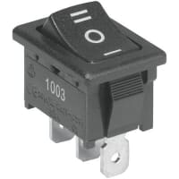 ZF Electronics Switch, Rocker, SPDT, ON-OFF-ON, Concave, Non-Illum, Blk, I/O/III Legend, 10A, 125VAC, QC