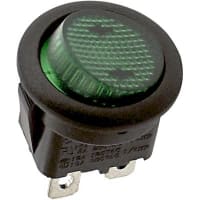 ZF Electronics Switch, Rocker, SPST, ON-OFF, Round, Illuminated, Neon, Green, No Legend, 10A, 125VAC, QC