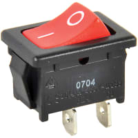 ZF Electronics Switch, Rocker, SPST, ON-OFF, Concave, Non-Illuminated, Red, O/I Legend, 10A, 125VAC, QC