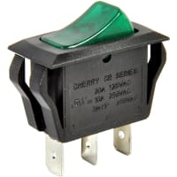 ZF Electronics Switch, Rocker, SPST, ON-OFF, Illuminated, Neon Green Actuator, Blank, 20A, 125VAC, QC