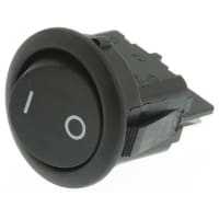 ZF Electronics Switch, Rocker, SPST, ON-OFF, Round, Non-Illuminated, Black, O/I Legend, 12A, 125VAC, QC