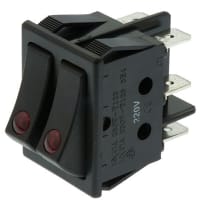 ZF Electronics Switch, Rocker, Twin, DPST, ON-OFF, Concave, Illum, Neon, Red, No Legend, 16A, 250VAC, QC