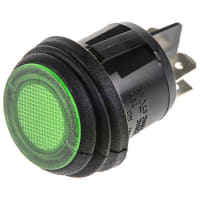 ZF Electronics Switch, Rocker, DPST, ON-OFF, IP65, Round, Illum, Neon, Green, 20.2mm, 250VAC