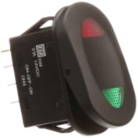 ZF Electronics Switch, Rocker, DPDT, ON-OFF-ON, IP56, Flat, Illum, LED, Red/Grn, No Legend, 20A, 125VAC, QC