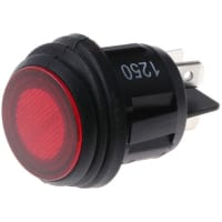 ZF Electronics Switch, Rocker, DPST, ON-OFF, IP65, Round, Illum, Neon, Red, 20.2mm, 20A, 250VAC