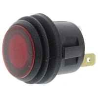 ZF Electronics Switch, Pushbutton, SPST, ON-OFF MAINT, IP65, Rnd, Illum, Neon, Red, 20.2mm, 6A, 250VAC, QC