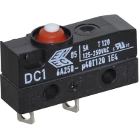 ZF Electronics Switch, snap acting; Button act; SPST NO; 125/250 VAC; 5 A; Solder terms