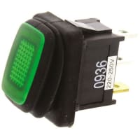 ZF Electronics Switch, Rocker, SPST, IP65, ON-OFF, Flat Actuator, Illum, Green, No Legend, 20A, 14VDC, QC