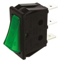 ZF Electronics Switch, Rocker, SPST, ON-OFF, Concave, Illuminated, Neon, Green, No Legend, 16A, 250VAC, QC