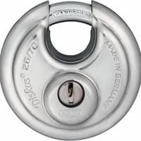 ABUS USA Padlock; Diskus; Body 2-3/4in Dia; Shackle 13/32in Dia; Stainless Steel; KD